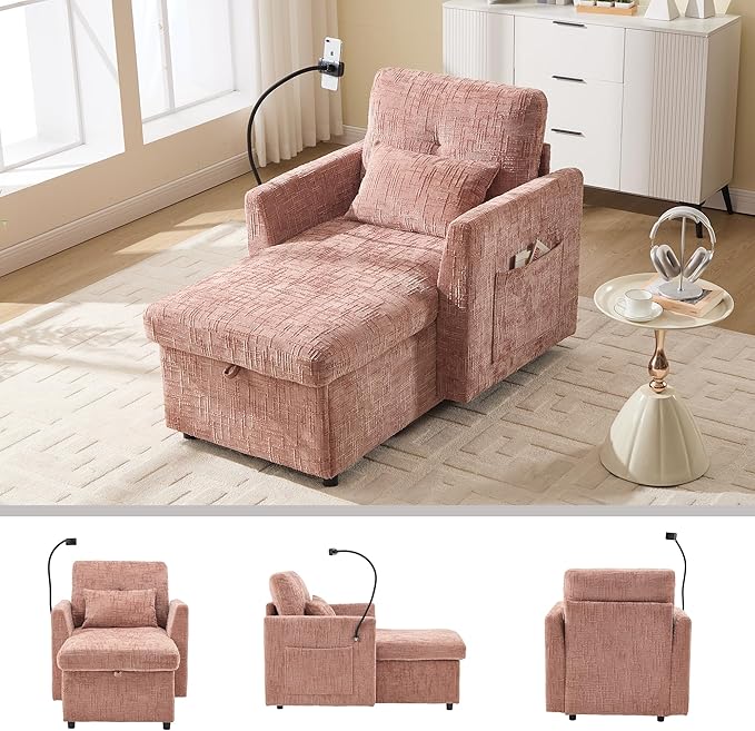 32 Comfy Chaise Lounge Sofa Bed Chair with Storage Side Pockets Phone Holder &amp 2 Pillows Modern Chenille Upholstered Sleeper Sofa Leisure Chair for Living Room Bedroom Small Spaces (Pink)