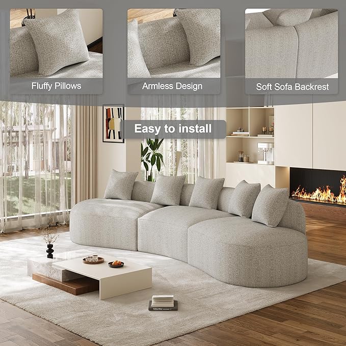 134 Curved Modular Sectional Sofa for Living Room Modern Chenille Oversized Cloud Couch Plush Luxury 6-Seater Extra Deep Seat Boucle Boneless Sofa No Assembly Required Grey