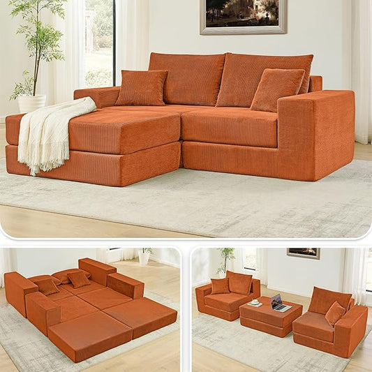 L Shaped Modular Sofa Bed with Ottoman Corduroy Folding Floor Convertible Sofa Couch Bed Boneless Combination Design Loveseat Sleeper Couch with Non Slip Base for Living Room Orange