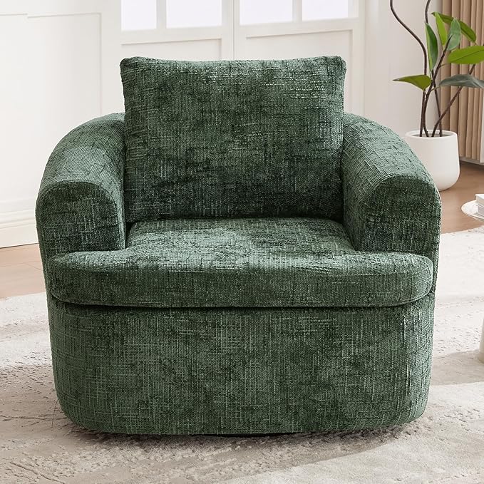 Merax 360° Swivel Sofa Chair Chenille Fabric Accent Barrel Chair 36.6 Swivel Round Chair with Dual-Layer Cushion Design for Living Room Bedroom Office and Hotel Green