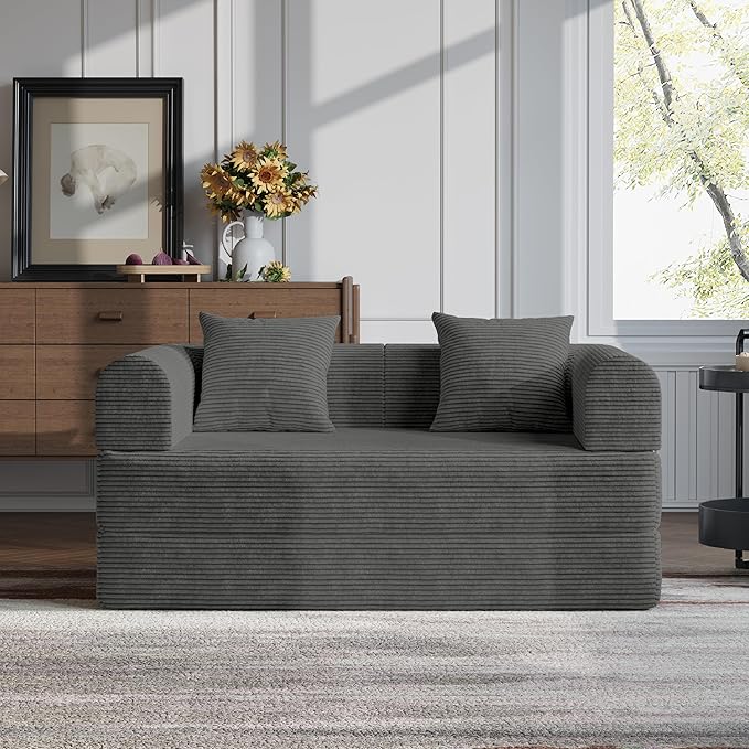 HouseMila 53.15 Convertible Sofa Bed4-in-1 Futon Sofa Bed Modular Loveseat Sleeper Folding Pull Out Couch with Pillows No Assembly Required Boneless Couch for Living Room Bedroom Guest RoomGrey