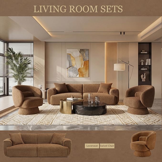 Modern 91'' Wide Cloud Couch Sofa Love Seat Couches W/Solid Frame Friendly Couch W/Boucle Couch Cozy Fabric with 2 Pillow &amp Rectangular Arm for Apartment Rust