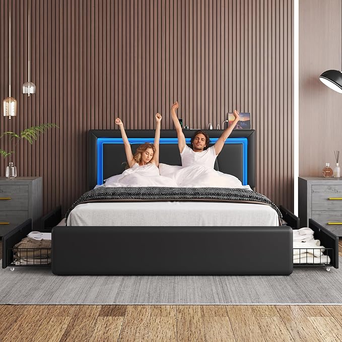 Queen Size Bed Frame with 4 Storage Drawers and LED Lights Upholstered Platform Bed with Adjustable Headboard and Charging Station Metal Slats Support No Box Spring NeededEasy Assembly Black