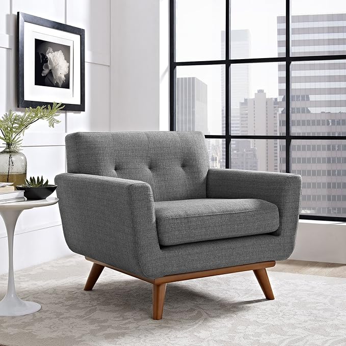 Modway Engage Mid-Century Modern Upholstered Fabric Accent Arm Lounge Chair Wood in Gray Armchair