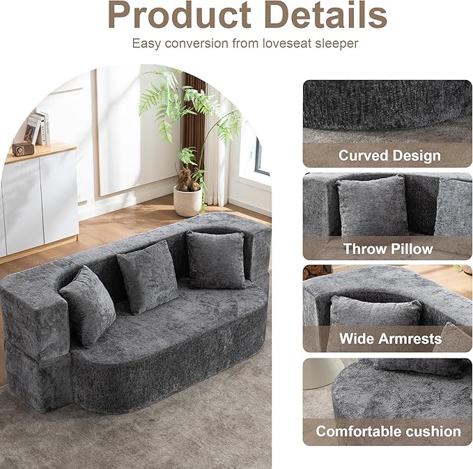 2 in 1 Convertible Sofa Bed 78.8 Modern Loveseat Sofa Couch Curved Folding Sleeper for Living Room Apartment Small Space No Assembly Required Grey