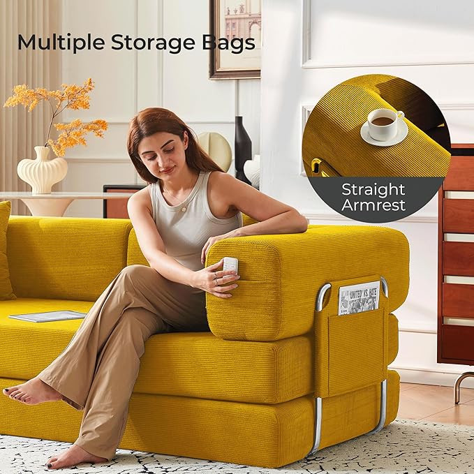 79 Convertible Sofa Bed with Pillows Corduroy Folding Sleeper Sofa with Fixed-Shape Frame Boneless Couch for Living Room Bedroom Floor Sofa Lounge No Assembly Required (A Style-Yellow)