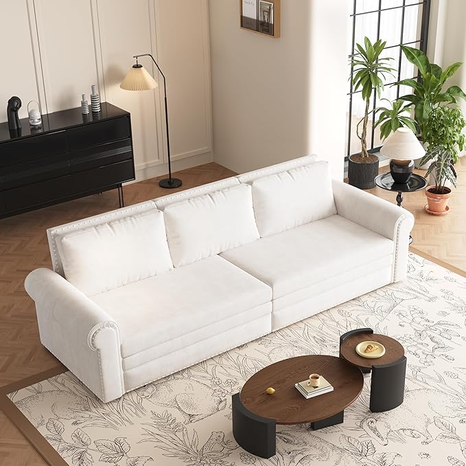 King Size 93.7 Pull Out 3 Seat Sofa with 2 Pillows 3-in-1 Velvet Fabric Convertible Sleeper Sofa Bed Fold Couch for Living Room Office and Small Space Beige