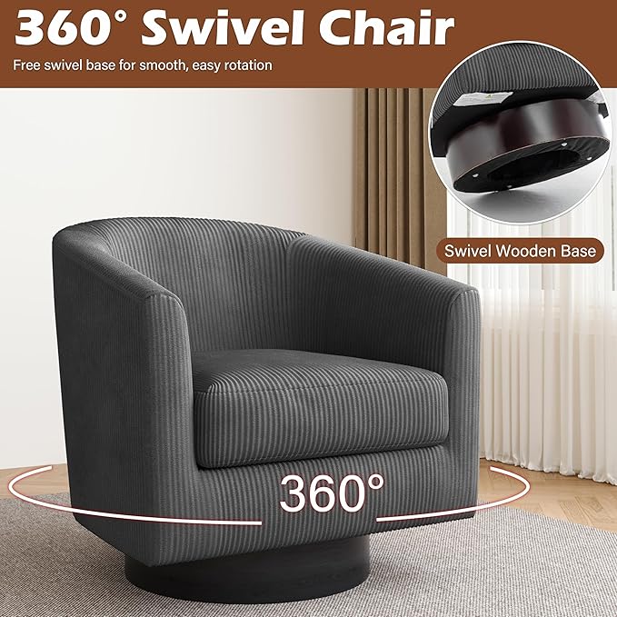 Lumibee Swivel Accent Barrel Chairs Upholstered Comfy Swivel Round Barrel Chair 360° Rotation Single Sofa Club Armchair for Living Room Reading Room Bedroom Corduroy Grey