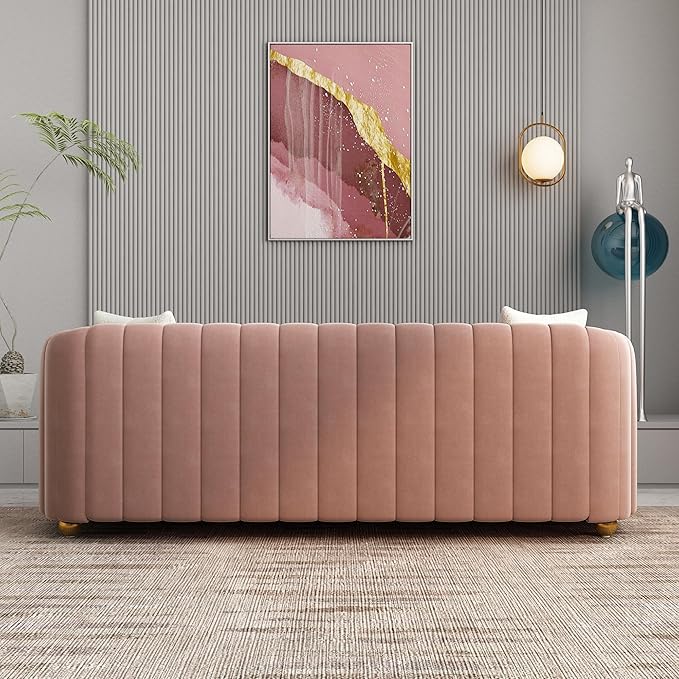 Modern Pink Velvet Couch for Living Room 83.46 Curved Sofa with Gold Metal Sphere Legs 3 Seater Upholstered Cute Couch (Pink)