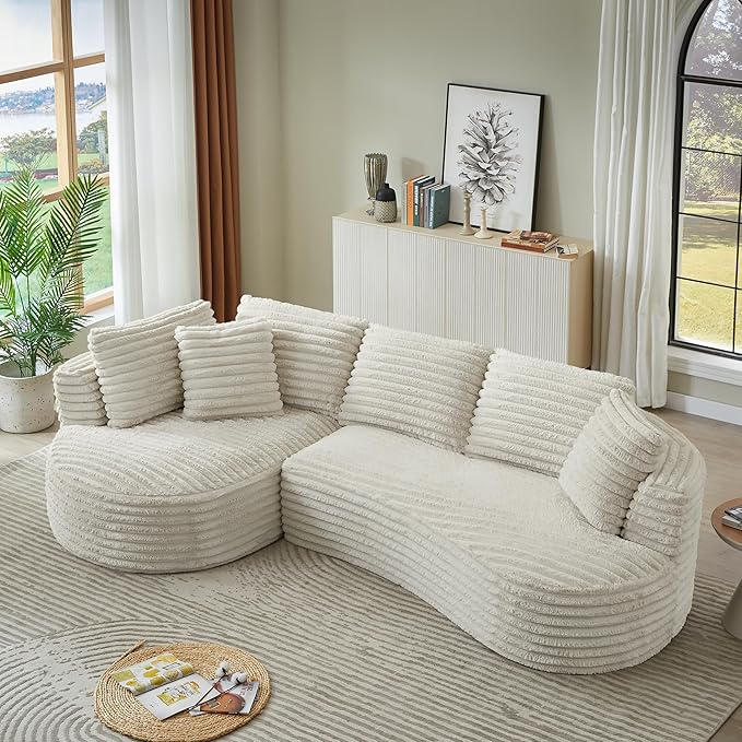 Plush Corduroy Cloud Sectional Sofa with Curved Chaise Oversized 2 Pieces Modular Lounge Sofa with Deep Seat Upholstered Sponge Compressed Couches for Living Room BedroomNo Assembly Required