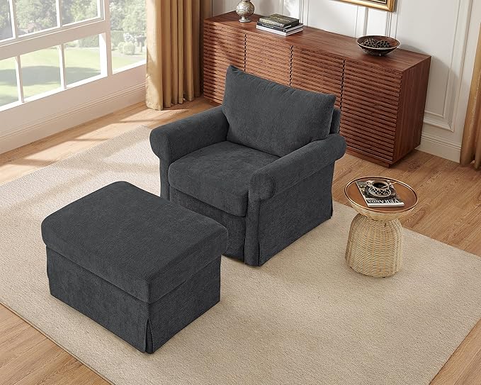 Modern Accent Chairs with Ottoman Comfy Chenille Reading Armchair with Rolled Arms and Cushion Backrest 35.8 W Chaise Lounge Chair for Living Room Bedroom Study Apartment Dark Grey