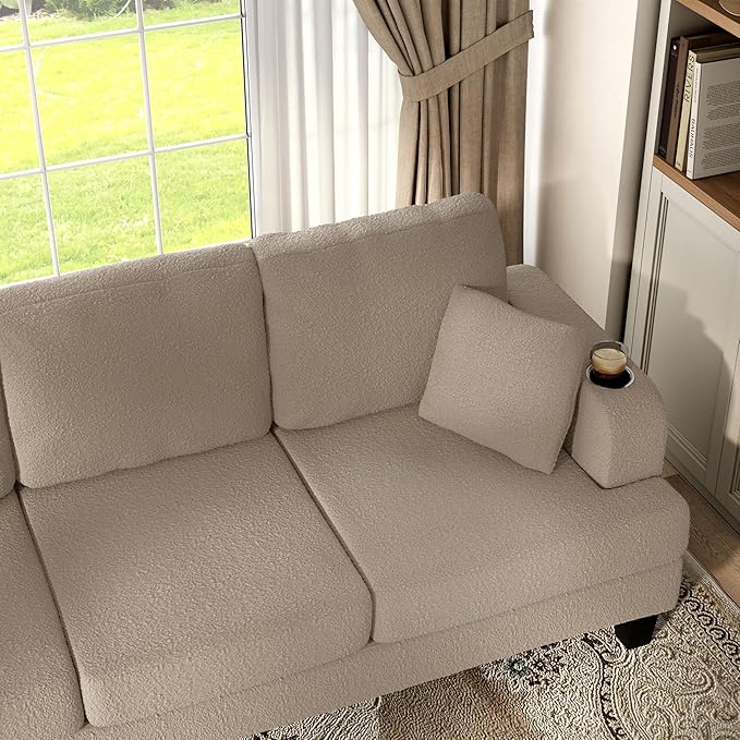 Homes: Inside + Out Reese Modern Plush Boucle Couch with Side Pockets Cup Holders and USB Ports Wooden Comfortable Sofa for Living Room Bedroom and Office Beige