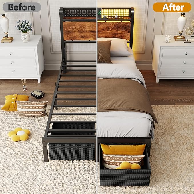 Furnulem Twin Bed Frame with 2 Storage Drawers &amp Charging Station Twin Platform Bed Frame with Headboard &amp LED Lights No Box Spring Needed All in One Easy to Install Noise Free (800 lbs C