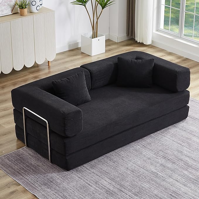 Convertible Couch Sofa Bed Foldable Floor Sleeper | All High-Density Foam | Fold Out Deep Seat Couch | King Size | Compression Sofa Sleeper for Living Room Bedroom | Corduroy Black