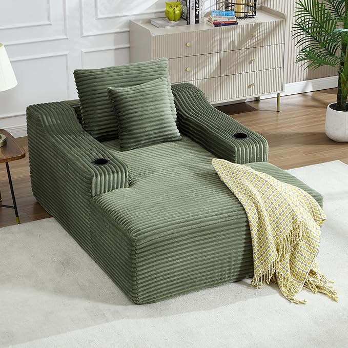 Chaise Lounge Chair Indoor Cloud Sofa Bed with Cup Holders Corduroy Upholstered Couch with 17.71 Seat High Lazy Sofa Bed for Living Room Apart Fully Assembled - Green