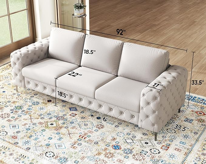 VanAcc Modern Sofa 92 inch 3 Seater Sofa with Stylish Thick Armrest Upholstered Button Tufted Couch for Living Room Apartment Linen Beige Oversized Couch