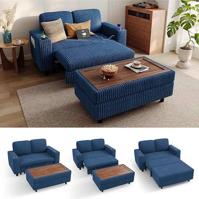 LINSY HOME Sectional Sleeper Sofa with Pull Out Couch Bed for Living Room (Blue) | Plush Corduroy Storage Ottoman Storage Chaise Pull Out Couch USB Charging