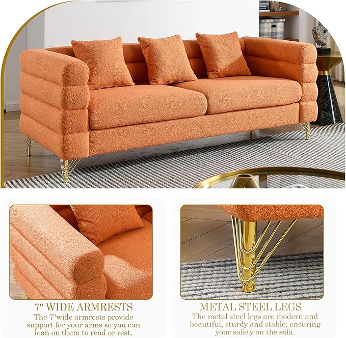 2 Pieces Cloud Sofa Set Teddy Bouclé 3 Seater Couch Sets Upholstered Tufted Modern Sofa with Gold Legs &amp Pillows Comfy Deep Seat Sherpa Couch for Living Room Bedroom Office Apartment(Orange)