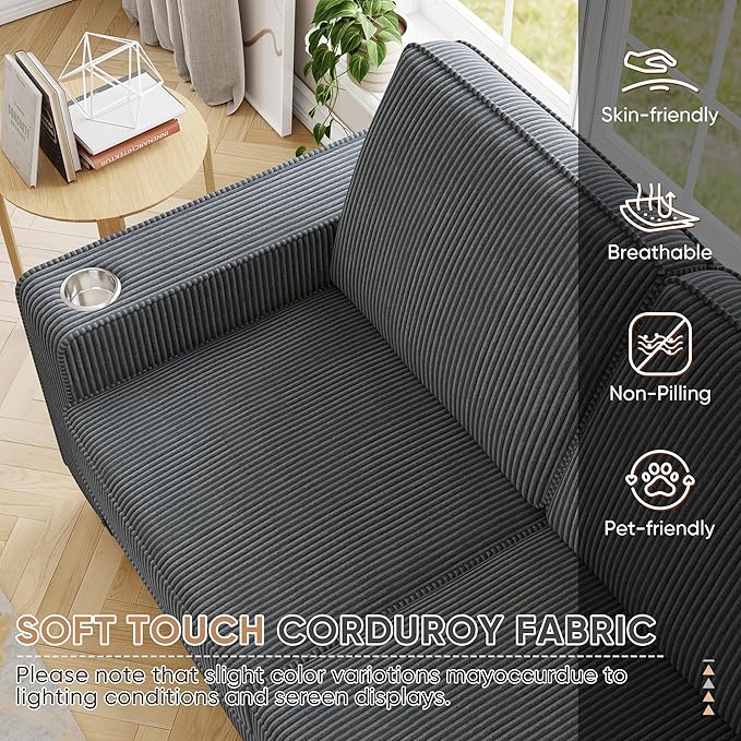 83.86 Corduroy 3-Seater Sofa with Extra Deep Seat Modern Cloud Couch with 2 Cup Holders Comfy Upholstered Sofa for Living Room Apartment &amp Office Grey