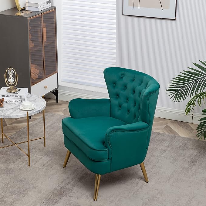 Living Room Chairs Button Tufted Accent Chairs Comfy Bedroom Chair Velvet Side Sitting Chairs Modern Fabric Sofa Slipper Chair for Reading Dark Green