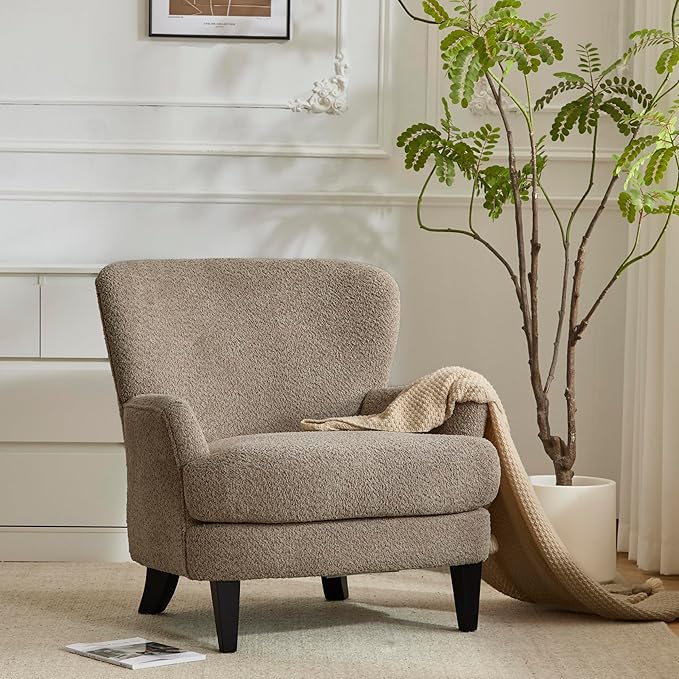 Christopher Knight Home Colby Boucle Upholstered Club Chair Living Room Accent Chair Wooden Frame Flared Armrest Plush Thick Cushion Reading Lounge Chair Space-Saving Furniture Light Brown