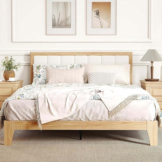 HOMCOM Queen Size Bed Frame with Upholstered Headboard Platform Bed Frame with Wooden Slats No Box Spring Needed Easy Assembly Natural