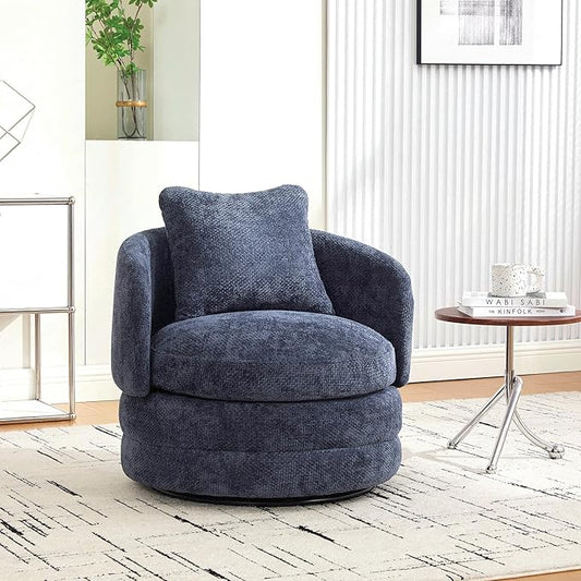 30 Modern Round Chenille Barrel Accent Chair 360° Swivel Ergonomic Comfy Upholstered with Pillow for Living Room Bedroom Reading Room Balcony Lounge Navy