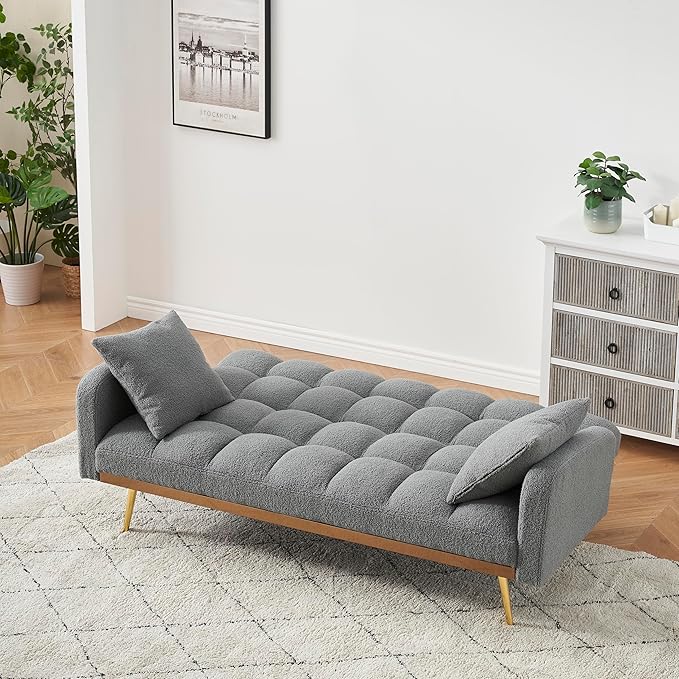 KEIKI 69 Folding Futon Sofa Couch w/Adjustable Backrest Mid Century Modern Loveseat Convertible to Sleeper Bed Small Comfy Teddy Cloud Couch SofaBed for Living Room &amp Bedroom 2 Pillows Gray