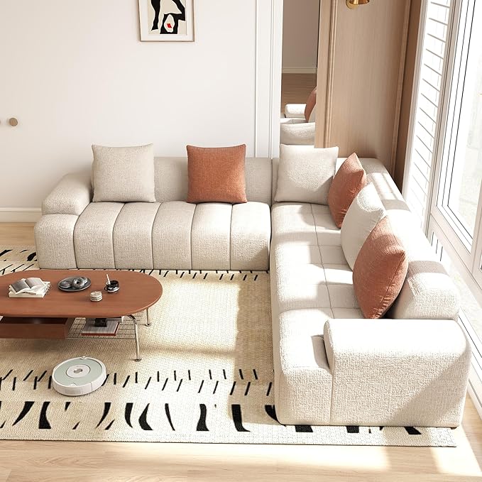 Cloud Modular Sectional Sofa Couch 108 V Shaped Chenille Fabric Memory Foam Sofa 5-Seater Couches with 6 Pillows for Living RoomApartmentBeige