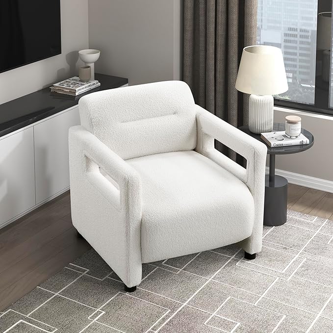 Lexicon 30 W Modern Accent Chair Boucle Fabric Upholstered Living Room Chair with Wrapped Square Armrests for Living Room/Bedroom Beige