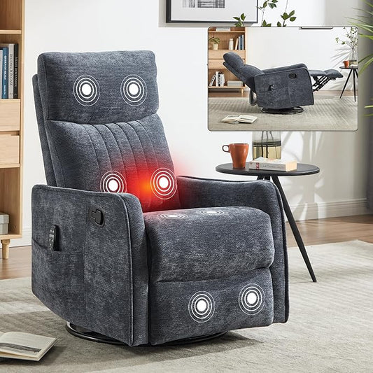 KEIKI Swivel Rocker Recliner Chair with Massage and Heated Pad for Nursery Soft Fabric Glider with 360 Degree Rotation and Manual Recline