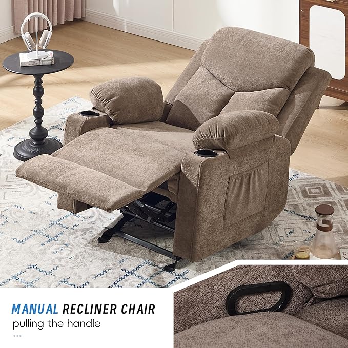 Manual Rocker Recliner Chair for Adults with Vibration MassageGlider Rocking Recliner Chairs for Living Room Bedroom Overstuffed Reclining Sofa Chair with Pockets and Cup Holds (Coffee)
