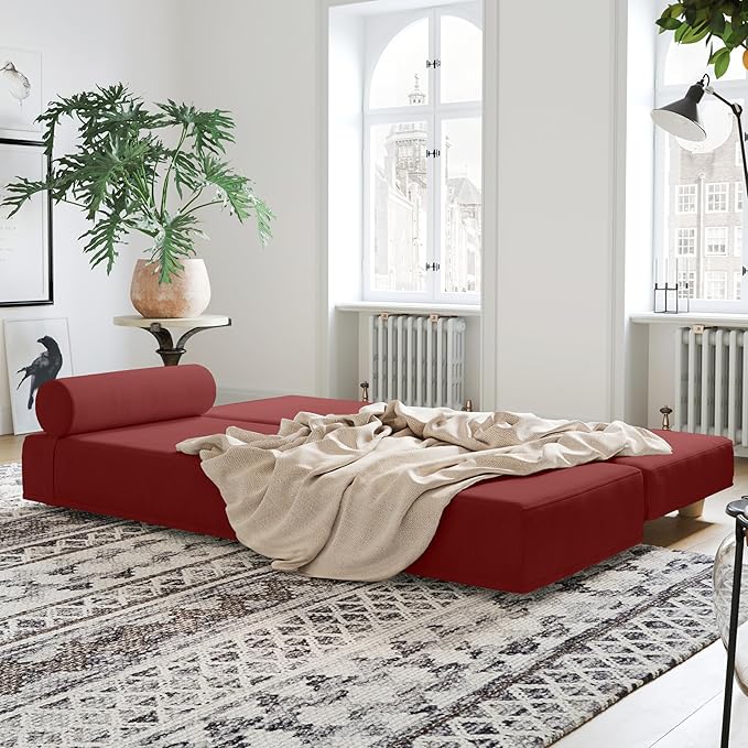 Jaxx Alon Daybed - Fold-Out Sleeper Chaise with Premium Memory Foam Queen-Size Mattress - Made in The USA - Berry Red