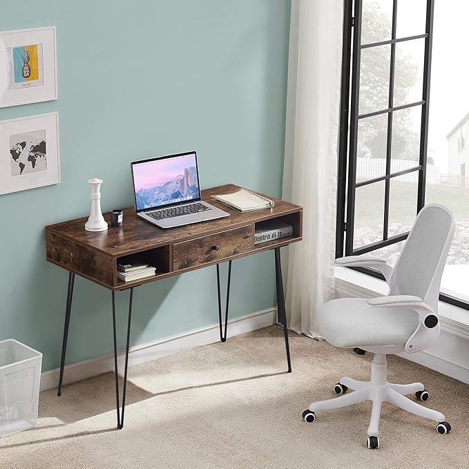 VECELO 39.3 Home Office Work Table with DrawersComputer Desk with Hairpin Leg for Writing/StudyRustic Brown