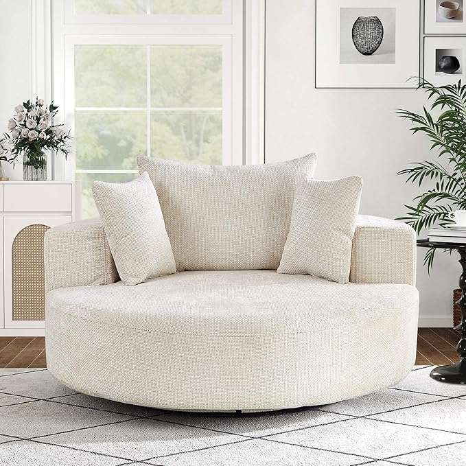 SLEERWAY 55W Oversized Swivel Accent Chair Large Barrel Chairs Upholstered Round Swivel Chair Chenille Single Sofa Armchair Modern Sleeper Chair for Living Room Lounge and Projection Room Beige