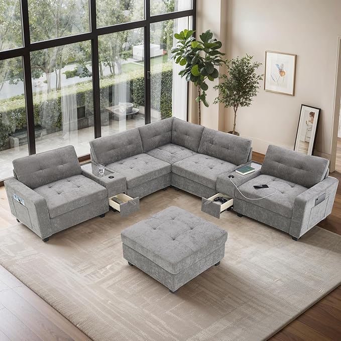 104'' Sectional Sofa with Acrylic Table TopChenille U Shaped Couch Set with 2 ConsolesUSB ChargerStorage Drawers and PocketsMovable OttomanTufted Sofa for Living RoomApartment Gray