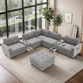 104'' Sectional Sofa with Acrylic Table TopChenille U Shaped Couch Set with 2 ConsolesUSB ChargerStorage Drawers and PocketsMovable OttomanTufted Sofa for Living RoomApartment Gray