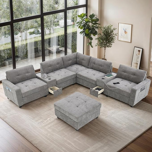 104'' Sectional Sofa with Acrylic Table TopChenille U Shaped Couch Set with 2 ConsolesUSB ChargerStorage Drawers and PocketsMovable OttomanTufted Sofa for Living RoomApartment Gray