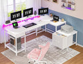 96.5'' Computer Desk with Drawers Gaming Desk with LED Lights &amp Monitor Shelf Office Desks with Power Outlets L Shaped White Corner Desks for Home Office Study Room and Bedroom White