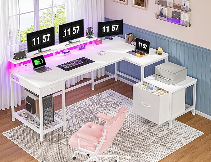 96.5'' Computer Desk with Drawers Gaming Desk with LED Lights &amp Monitor Shelf Office Desks with Power Outlets L Shaped White Corner Desks for Home Office Study Room and Bedroom White