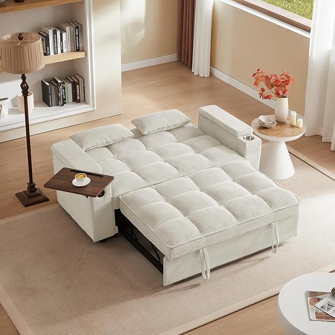 65'' Convertible Sleeper Sofa Bed with Adjustable Backrest Chaise Lounge Side Table &amp USB/Type-C Ports – Stylish &amp Functional Addition to Any Living Room (Modern Beige Sofa Bed)