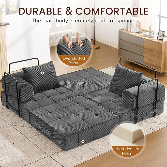 6-in-1 Convertible Sleeper Sofa Bed Corduroy Folding Mattress Couch with Fixed-Shape Frame Modular Foldable Boneless Couch Loveseat Couches with 2 Pillows for Living Room Bedroom Grey