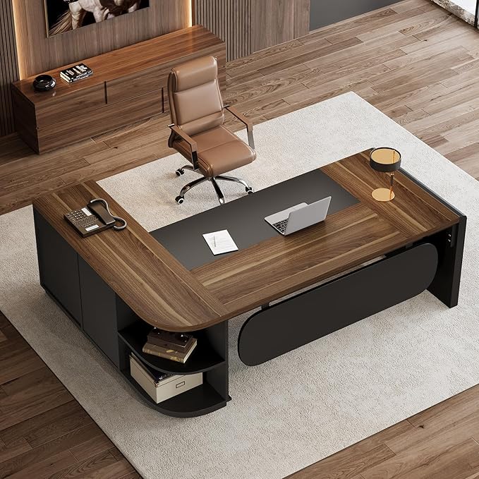Tribesigns 81-Inch L-Shaped Office Desk Large Commercial Office Desk with Drawers and File Cabinet Modern Professional Business Furniture Workstations with Storage Shelves Brown &amp Black