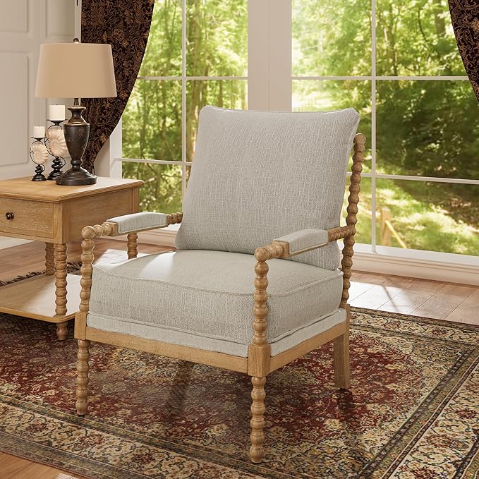 Morden Fort Linen Fabric Spindle Accent Chair with Wood Frame French Style Accent Chairs with Padded Spring Seat and Armrest Pads Brushed Base for Living Room Bedroom Farmhouse Office Balcony(Beige)