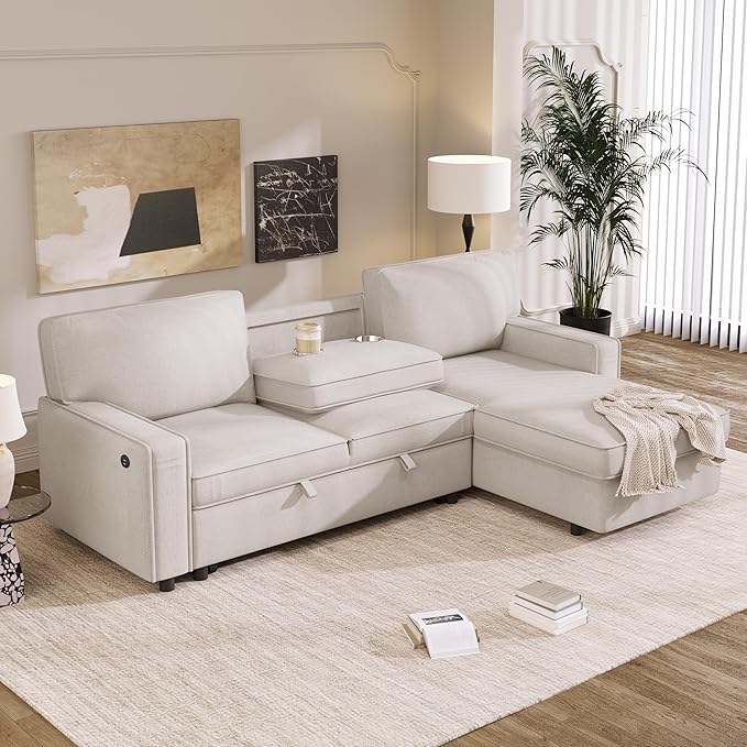 L-Shaped Convertible Sectional Sofa with Storage Space Upholstery Sleeper Sectional Sofa with USB Port and 2 Cup Holders on Back Cushions 3-Seat Sofa Furniture for Living Room Office (Beige-89'W)
