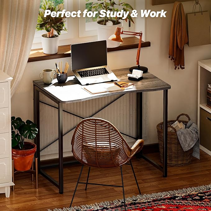 Huuger Folding Desk for Small Spaces 31.5 Inch Foldable Computer Table for Home Office Study Bedroom Dorm Space Saving Small Writing Work Office Computer Desk Easy to Fold Grey