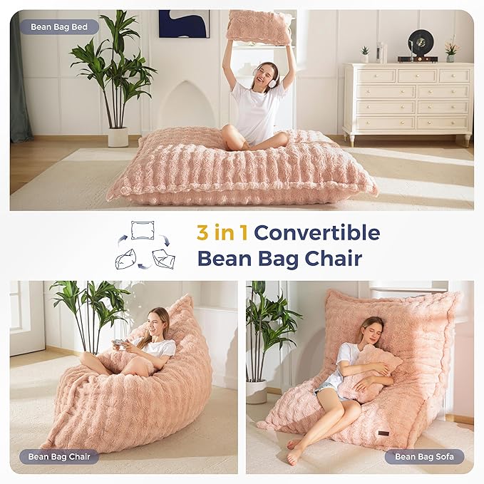 MAXYOYO Giant Bean Bag Chair with Pillow 3 in 1 Convertible Bean Bag Chair for Adults with Removable Cover Floor Cushion Stuffed Floor Lounger for Living Room Bedroom Bubble Pink