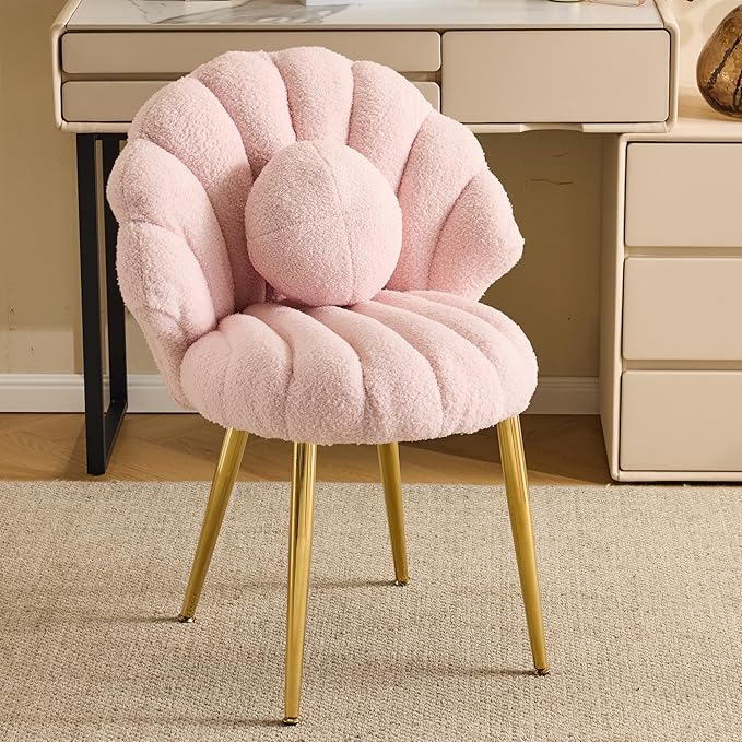 VINGLI Shell-Shaped Teddy Fleece Accent Vanity Chair with BackComfy Pink and Gold Desk Chair No WheelsCute Small Pearl Deco PillowGift for Girls/Womenfor MakeupOfficeDiningNailSewingBedroom