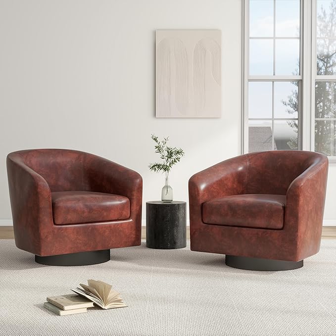 Swivel Barrel Chair Modern Round PU Leather Accent Armchair for Living Room Bedroom Oversized Comfy Club Reading Chairs for Adults (Leather Red Brown Set of 1)