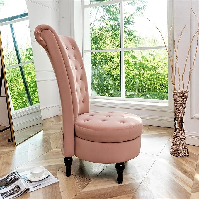 Royal High-Back Velvet Accent Chair for Vanity with Storage and Luxurious Upholstery Retro Design and Versatile Usage for Living Room Bedroom Lounge and Office Rose